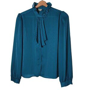 Mallards Point Blouse L Teal Semi Sheer Stripe Ruffle Collar Vintage Long Sleeve